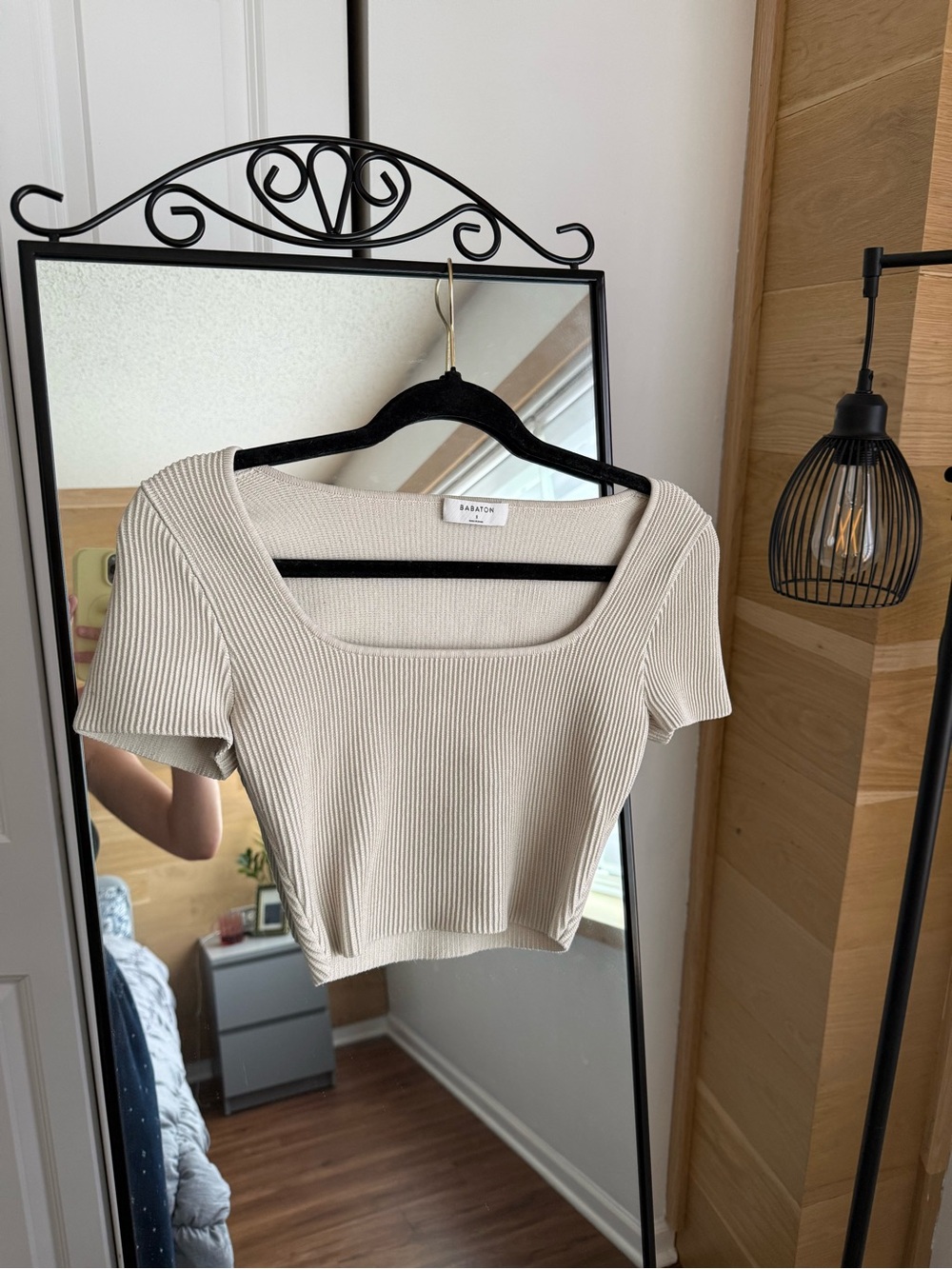 Babaton Cream Ribbed Square-Neck Crop Top